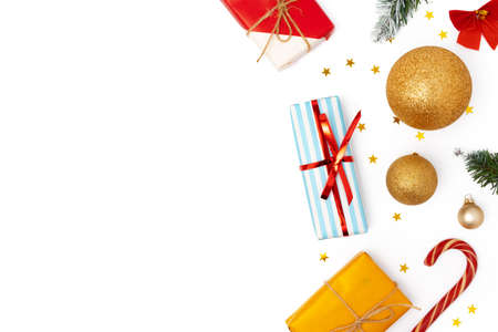 Top view Christmas decorations composition on white background with copy space