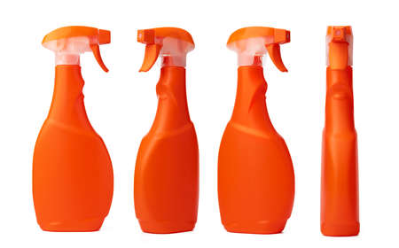Orange plastic bottle of liquid detergent isolated on white