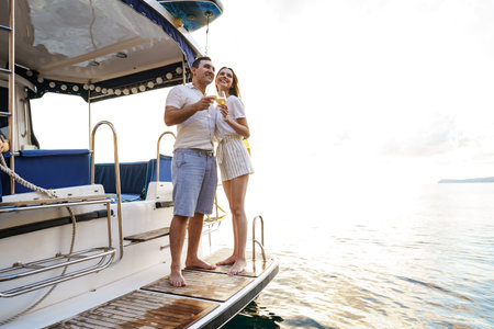 Young loving couple sitting on the yacht deck and drinking wineの写真素材