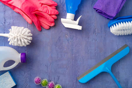Cleaning supplies for household flatlay on gray backgroundの写真素材