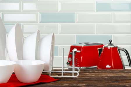 Various kitchen ware on a kitchen counterの写真素材