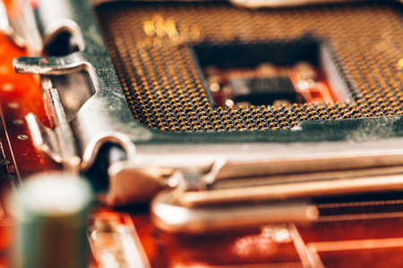 Computer electronic circuit board with processor close upの写真素材