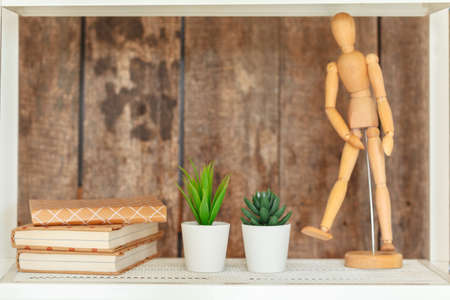 Stylish white bookshelf against grunge wooden wall