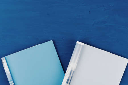 Top view of open magazine page with copy space on classic blue background