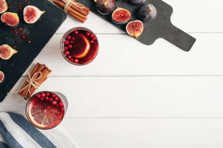 Mulled wine hot drink with fruit and spices