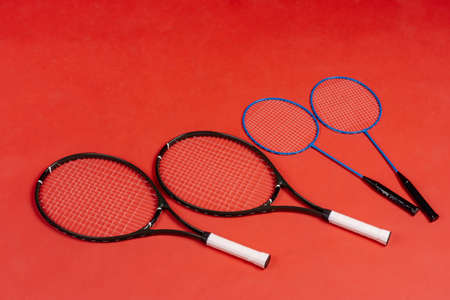 Four rackets. Rackets for tennis and for badmintonの写真素材