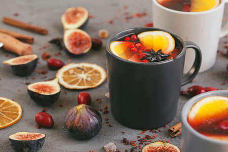 Mulled wine hot drink with fruit and spices