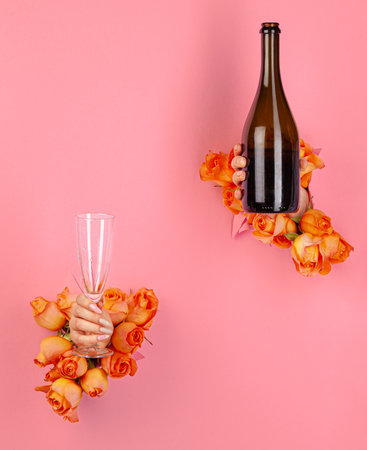 Woman holds a glass of champagne in her hand put through a hole in pink paper with fresh rosesの写真素材