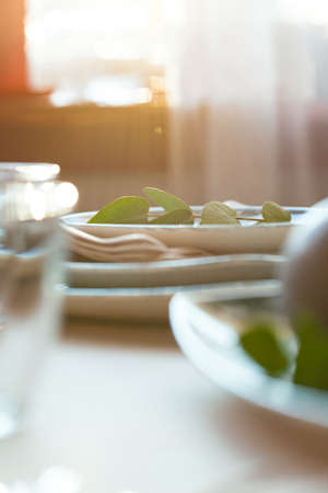 Elegant dinner table served for banquet eventの写真素材