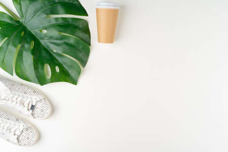 Flat lay of woman summer outfit on white backgroundの写真素材