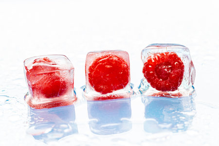 Frozen berries in ice cubes on pink