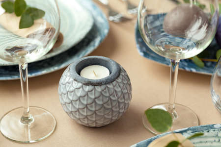 Table setting in restaurant with stylish decorationsの写真素材