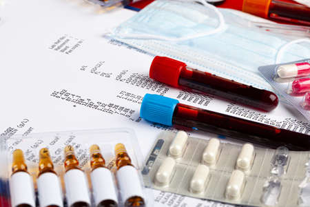 Virus diagnostic and treatment concept. Laboratory table close upの写真素材