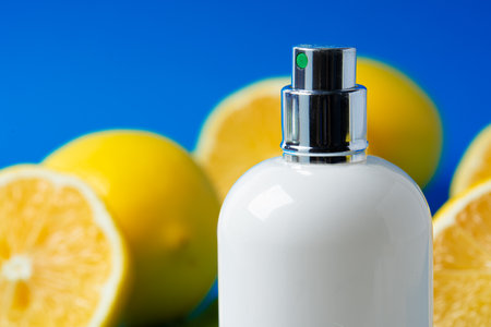 Bottle of skincare cosmetics with sliced lemonsの写真素材