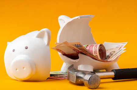 Piggy bank with money russian rubles, american dollars and ukrainian hryvnia. Savings conceptの写真素材