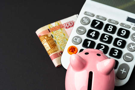 Calculator with piggy bank and money russian roublesの写真素材