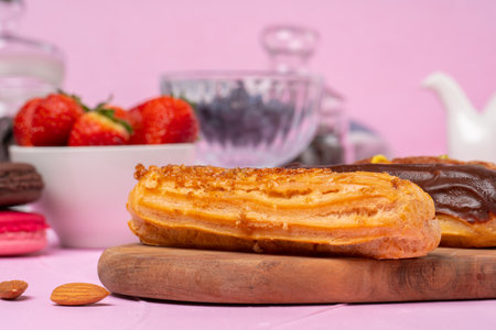 Home made cake eclairs on pink table