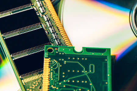 Green circuit board of a computer close upの写真素材