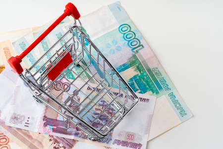 Toy shopping cart with Russian rubles money. Living wage and purchasing power concept