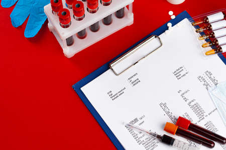 virus diagnostic and treatment concept. Laboratory table close upの写真素材