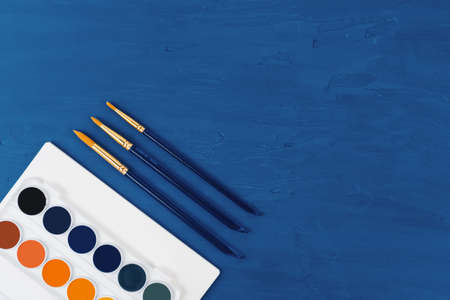 Blue paint brushes on classic blue background, view from aboveの写真素材
