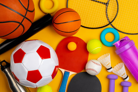 Composition of various sport equipment for fitness and gamesの写真素材