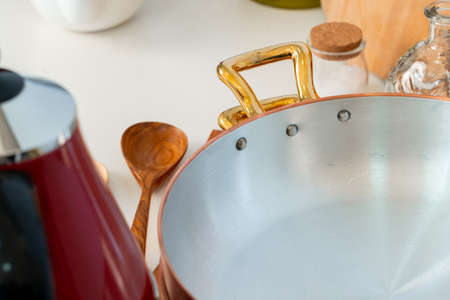 Kitchen utensils on a modern home kitchen table topの写真素材