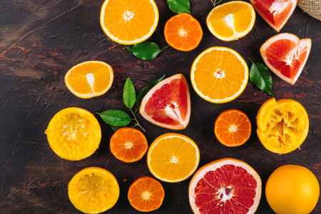 Sliced citrus fuits juicy on table close upの写真素材