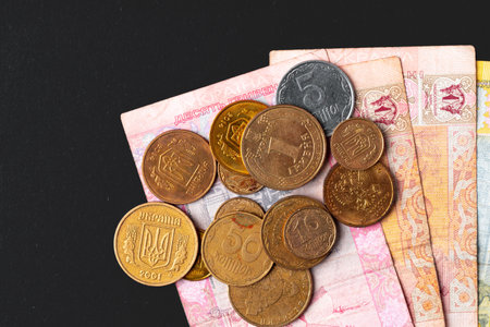 Ukrainian money hryvnia close up on carton backgroundの写真素材