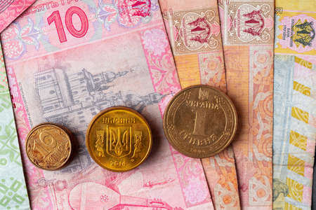Ukrainian money hryvnia close up on carton backgroundの写真素材
