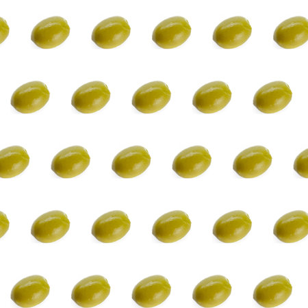 Seamless pattern with green olives. Vegetables abstract background. Olive on the white backgroundの写真素材