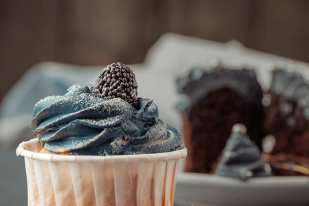 Homemade cupcakes traditional American sweet baked dessert with berriesの写真素材