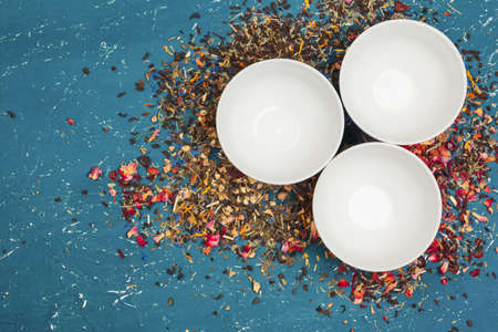 Different types of tea for ceremony, top view, free space