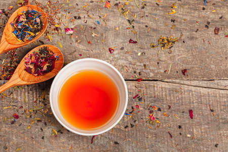 Different types of tea for ceremony, top view, free spaceの写真素材