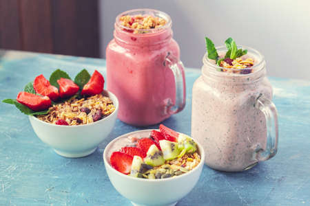 smoothie with granola for healthy breakfast. Selective focus
