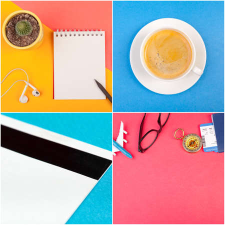 Collage of top view crops of office tableの写真素材