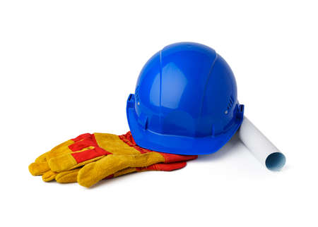 Safety hardhat and work gloves isolated on white background, close upの写真素材