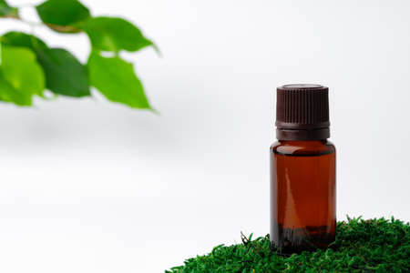 Cosmetics in a bottle, essential oil on mossの写真素材