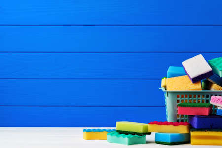 Pile of new multicolored cleaning sponges, close upの写真素材