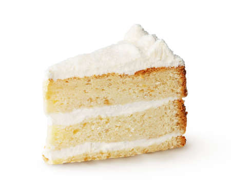 Piece of white biscuit cake isolated on white background