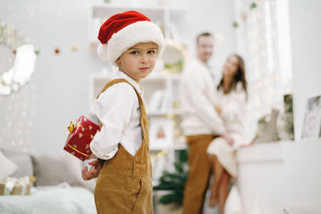 Parent and their little son having fun and playing together indoors at Christmas timeの写真素材
