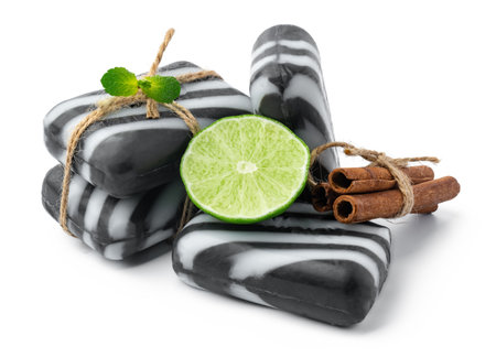 Pieces of natural black handmade soap on white backgroundの写真素材