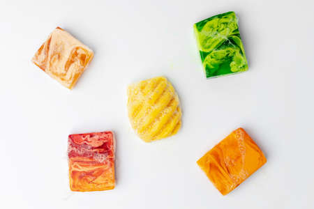 Colorful handmade soap bars on a white backgroundの写真素材