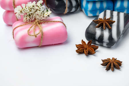 Natural organic soap bars isolated on whiteの写真素材