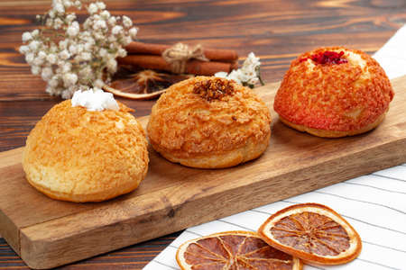 Homemade three shu cake with vanilla custard insideの写真素材