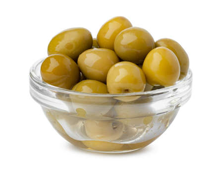 Bowl of olives isolated on white backgroundの写真素材