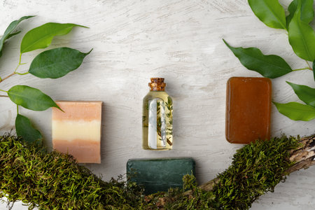 Natural handmade soap and plants on gray backgroundの写真素材