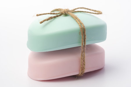 Two pieces of soap tied with a ribbon on a white backgroundの写真素材