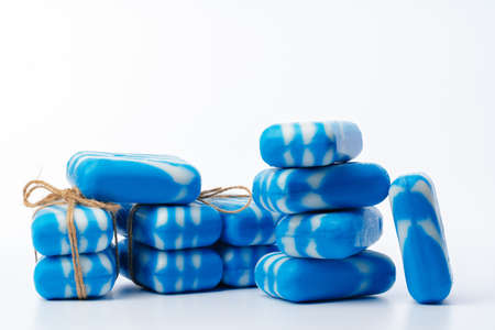 Stack of soap bars on white backgroundの写真素材