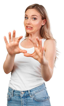 Emotional angry woman screaming on white isolated studio background